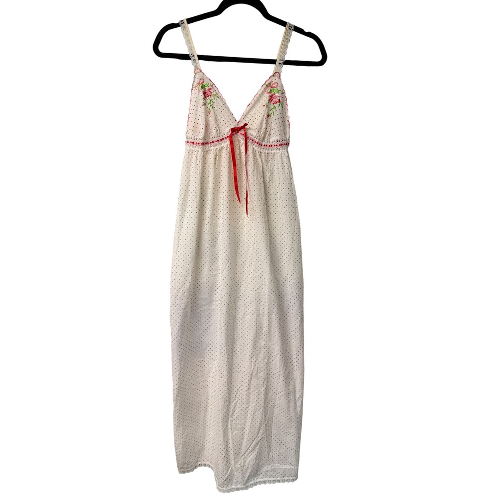 Vintage JCPenney Red Polka Dot Floral Lace Nightgown Made in USA Union tag P/6